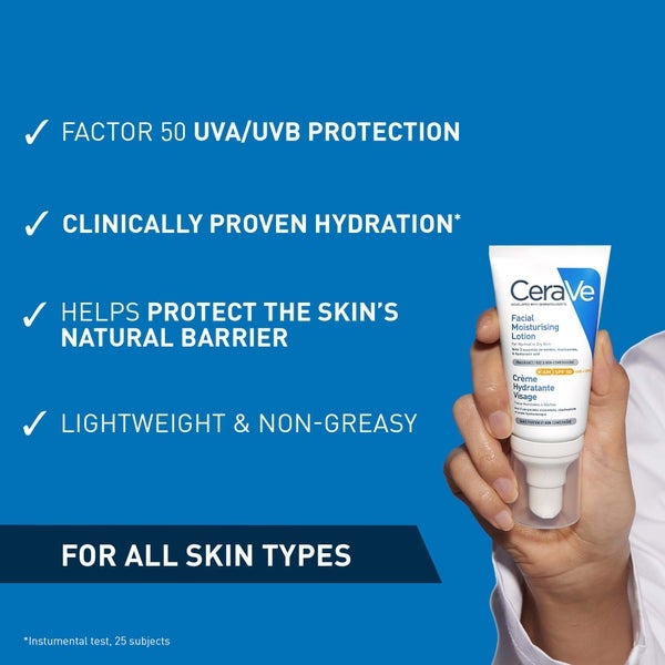 CeraVe CeraVe AM Lozione Idratante Viso SPF50 per Pelle da Normale a Secca 52ml Comprane uno, ottenene uno gratis